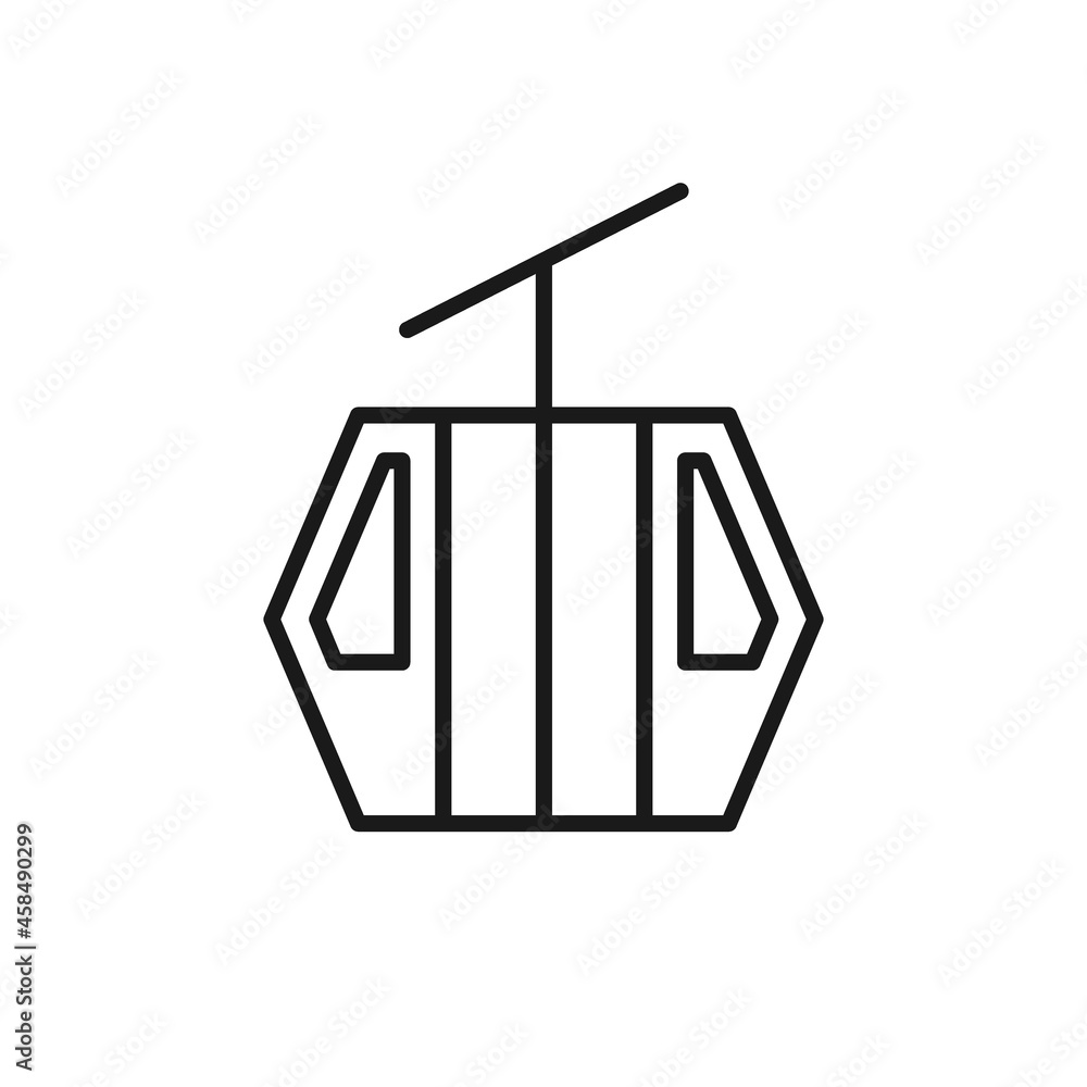 Isolated black line icon of ski lift on white background. Outline cable car. Logo flat design. Winter mountain sport. Isolated black line icon of ski lift on white background. Outline cable car. Logo flat design. Winter mountain sport.