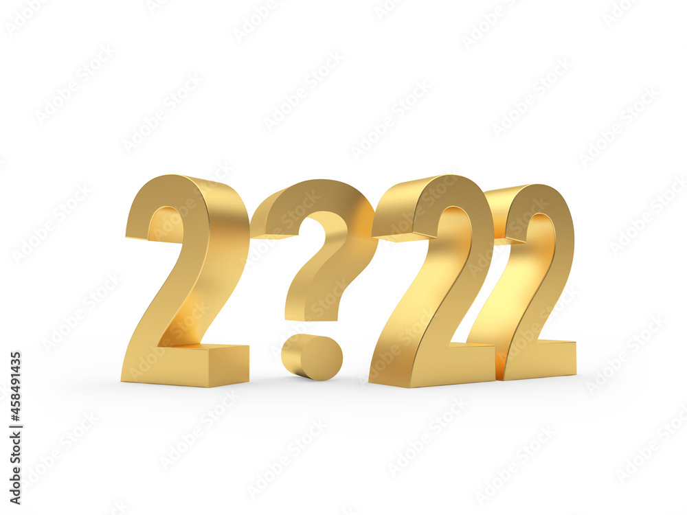 Golden number 2022 with question mark on a white background. 3D illustration Golden number 2022 with question mark on a white background. 3D illustration