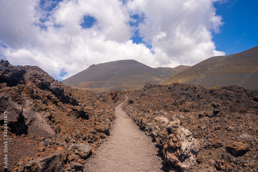 Path through a volcanic landscape in Fuencaliente town, in south of La Palma island (Canary Islands, Spain)