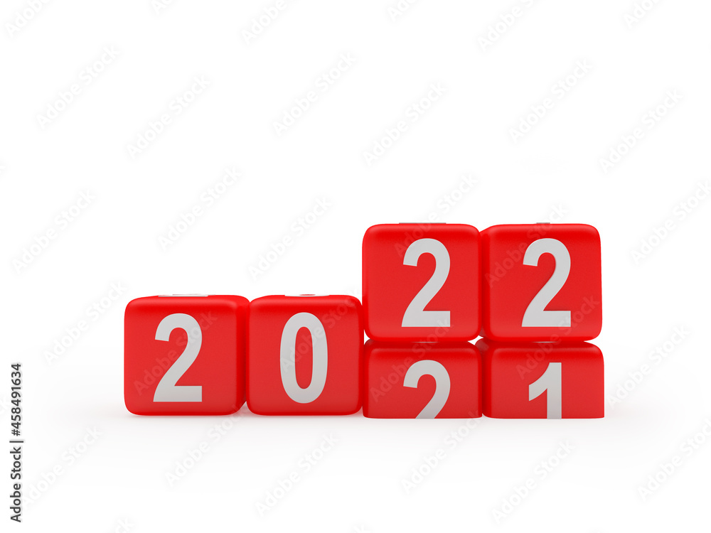 Red dice with changing numbers 2021 for 2022 New Years isolated on white background. 3D illustration Red dice with changing numbers 2021 for 2022 New Years isolated on white background. 3D illustration