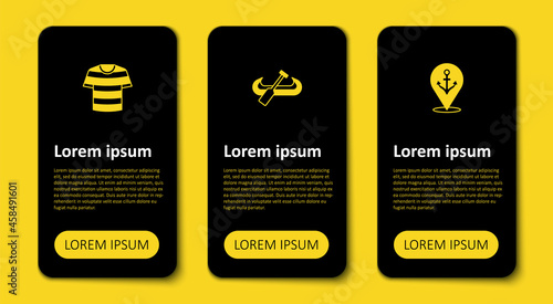 Set Location with anchor, Kayak and paddle and Striped sailor t-shirt. Business infographic template. Vector