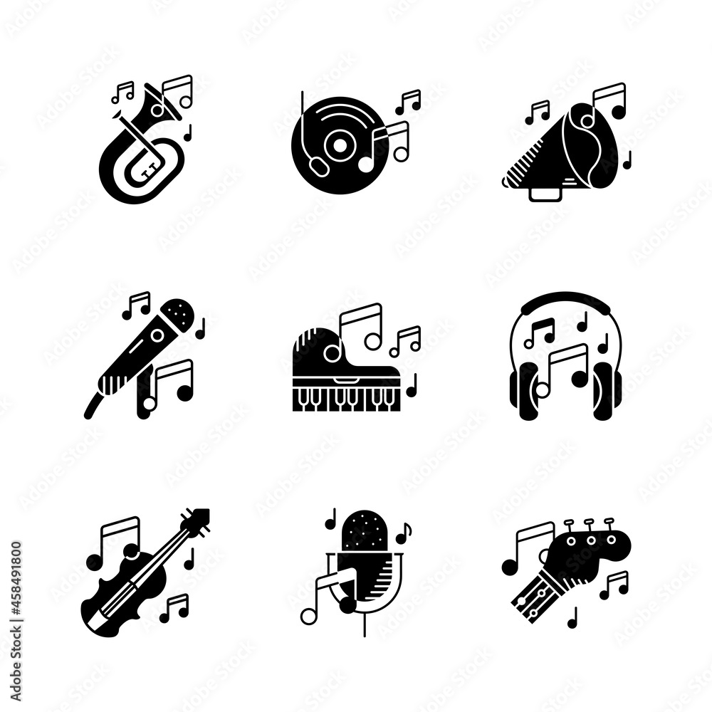 Fototapeta premium Set of 9 Musical instruments icon. Violin, Baritone tuba, Trumpet, piano, speaker guitar, musical notes and many icon sets. Entertainment and art icon illustration set. Silhouette icon set.