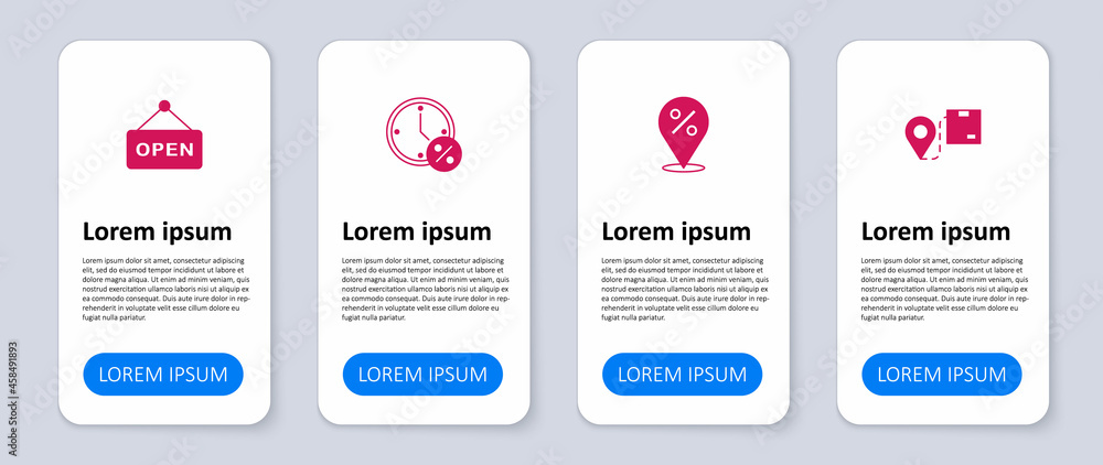 Set Location with cardboard box, percent, Clock and discount and Hanging sign text Open. Business infographic template. Vector