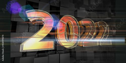 2022. New Year geometric number year design on dark background. Concept holidey with spot effect. Abstract holiday banner.