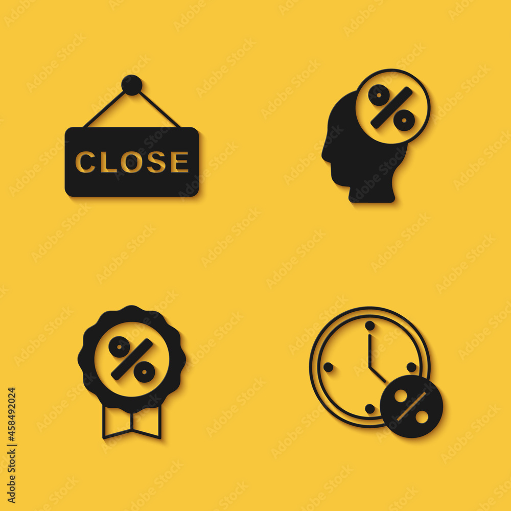 Set Hanging sign with text Closed, Clock and percent discount, Discount tag and icon with long shadow. Vector Set Hanging sign with text Closed, Clock and percent discount, Discount tag and icon with long shadow. Vector