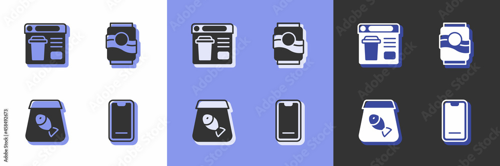 Set Food ordering on mobile, Online food, fish and Soda can icon. Vector Set Food ordering on mobile, Online food, fish and Soda can icon. Vector