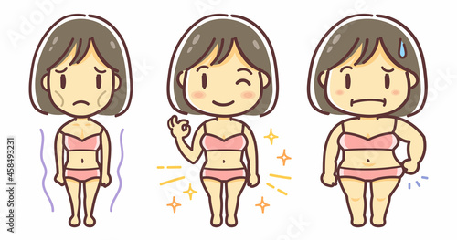 いろいろな体型の女性のイラスト2（やせすぎ・健康的・肥満・ダイエットイメージ）
