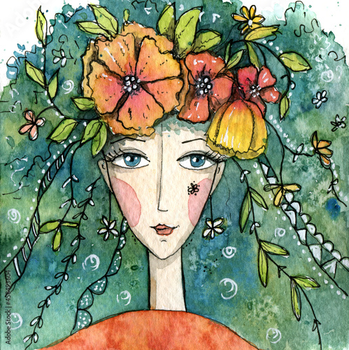 Portrait of Fairy of Spring and Summer with flowers and leaves. Hand drawn Watercolor illustration..