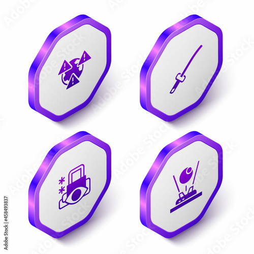 Set Isometric Earth with exclamation mark, Katana, Cyber security and Hologram icon. Purple hexagon button. Vector