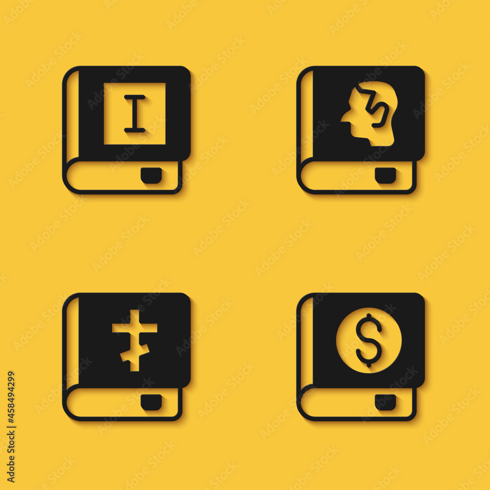 Set Book, Financial book, Holy bible and Law icon with long shadow. Vector Set Book, Financial book, Holy bible and Law icon with long shadow. Vector