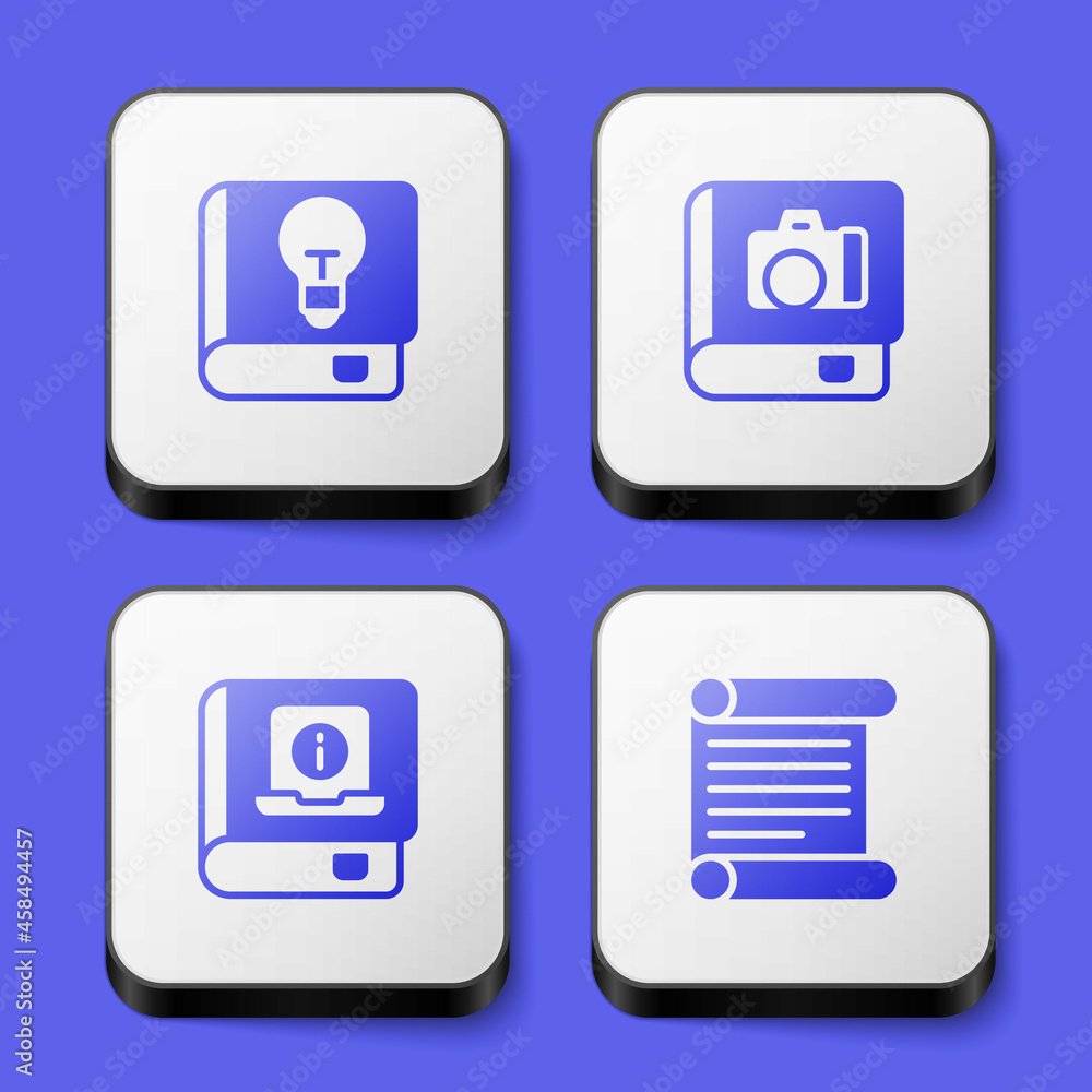 Set User manual, Photo album gallery, and Decree, parchment, scroll icon. White square button. Vector Set User manual, Photo album gallery, and Decree, parchment, scroll icon. White square button. Vector