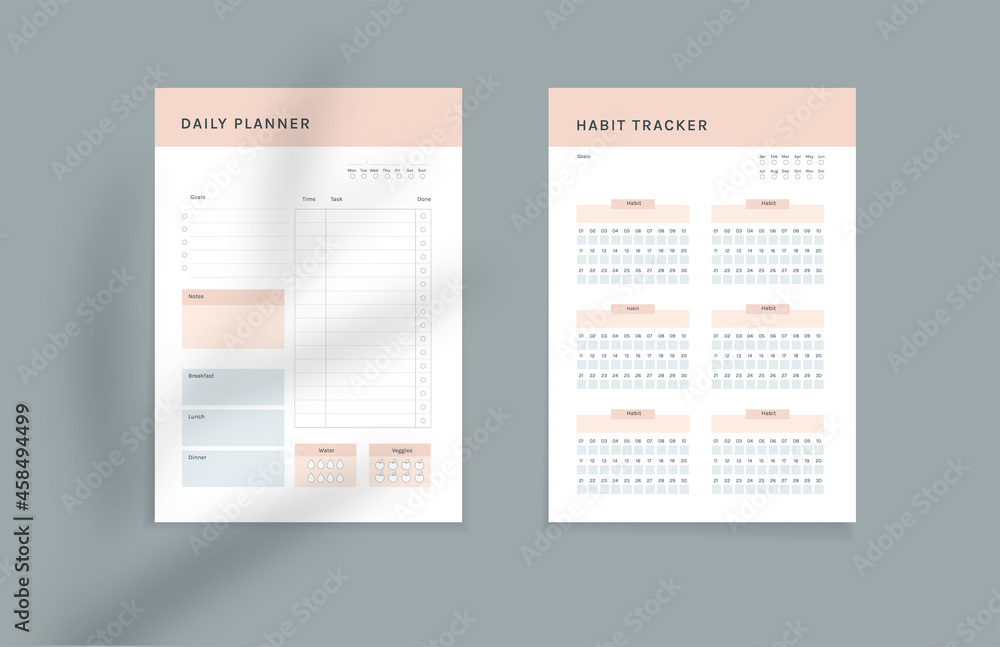 Vector template for healthy habits planner. Healthy habits tracker with exercise and meals schedule, calories and workout time tracker. Vector design, shadow overlay included Vector template for healthy habits planner. Healthy habits tracker with exercise and meals schedule, calories and workout time tracker. Vector design, shadow overlay included