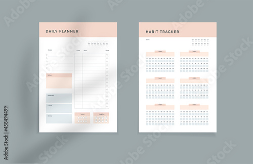 Vector template for healthy habits planner. Healthy habits tracker with exercise and meals schedule, calories and workout time tracker. Vector design, shadow overlay included photo