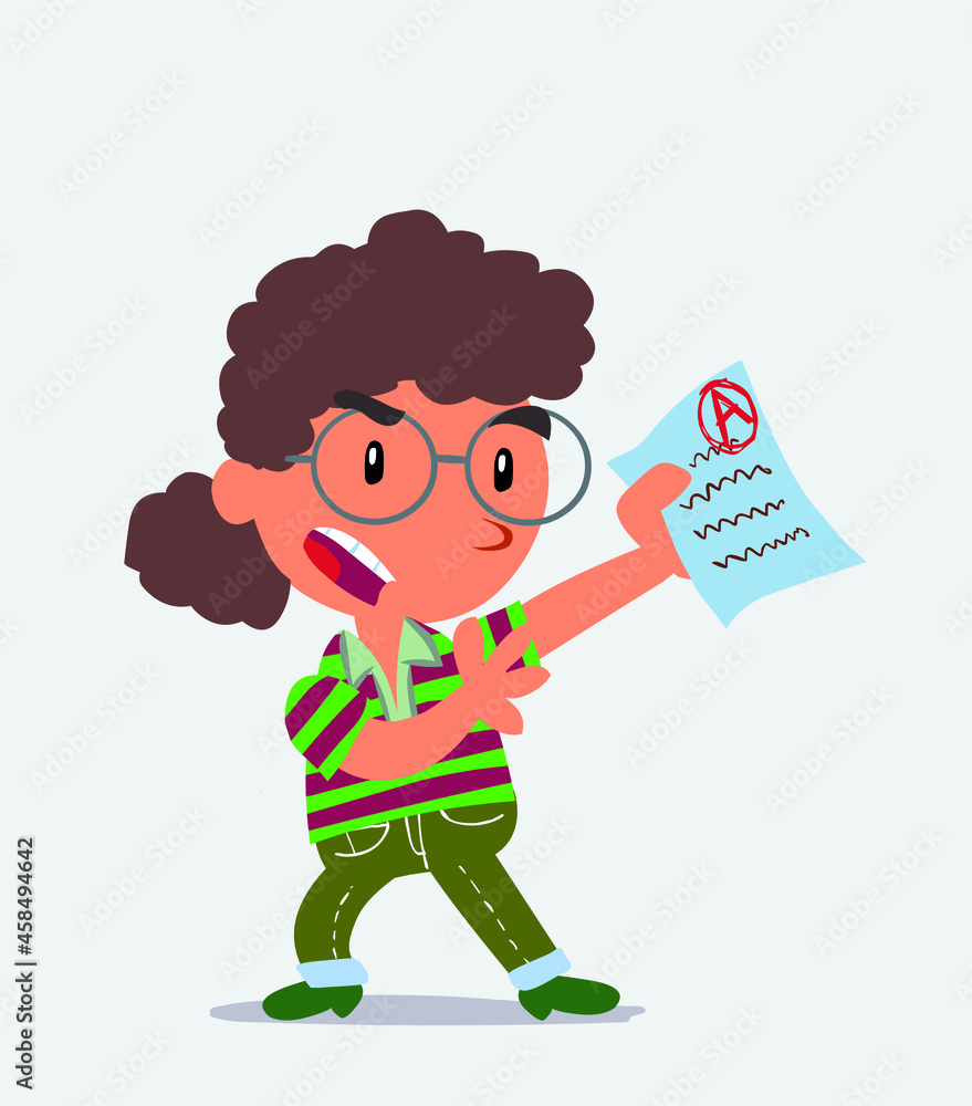cartoon character of little girl on jeans arguing effusively with exam in hand. cartoon character of little girl on jeans arguing effusively with exam in hand.