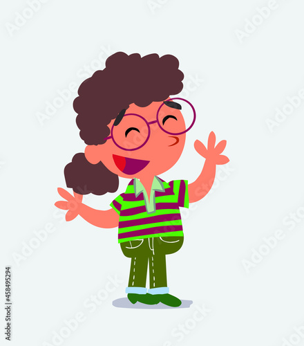 Pleased cartoon character of little girl on jeans explaining something.