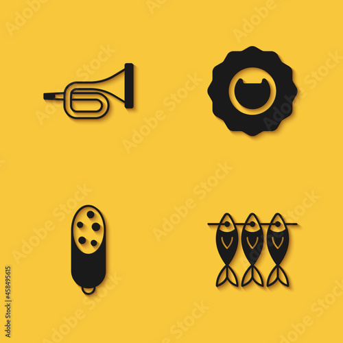 Set Trumpet, Dried fish, Salami sausage and Bottle opener icon with long shadow. Vector