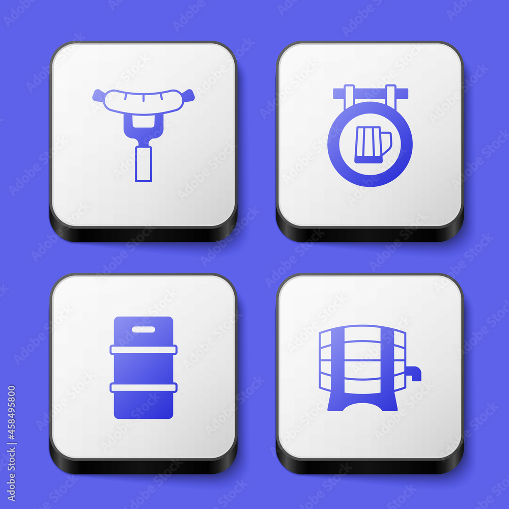 Set Sausage on the fork, Street signboard with beer, Metal keg and Wooden barrel rack icon. White square button. Vector Set Sausage on the fork, Street signboard with beer, Metal keg and Wooden barrel rack icon. White square button. Vector