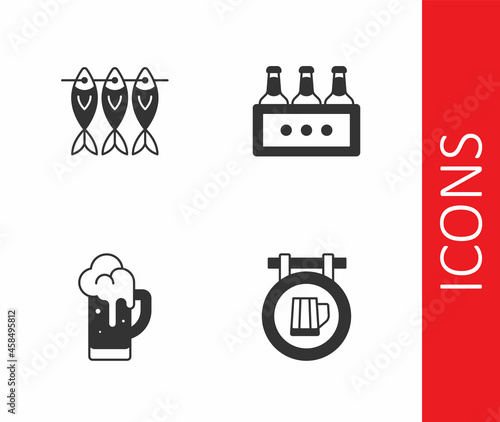 Set Street signboard with beer, Dried fish, Glass of and Pack bottles icon. Vector