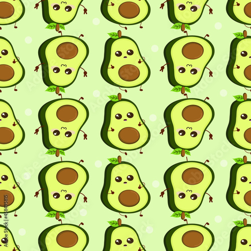 Seamless pattern. Avocado on a green background. Avocado sticker. Green halves of an avocado with a smile. Wallpaper seamless pattern, vector illustration isolated green background.