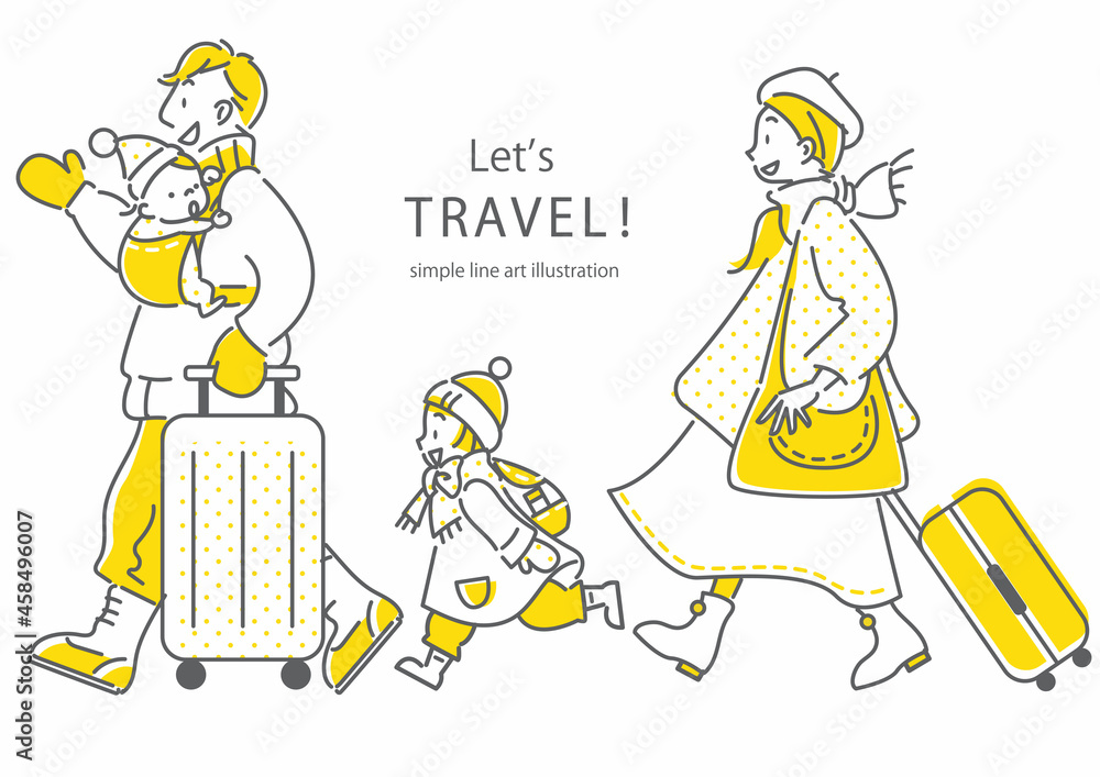 家族旅行へ出かける四人家族のシンプルでお洒落な線画イラスト
