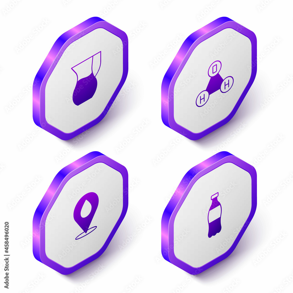 Set Isometric Jug glass with water, Chemical formula H2O, Water drop location and Bottle of icon. Purple hexagon button. Vector Set Isometric Jug glass with water, Chemical formula H2O, Water drop location and Bottle of icon. Purple hexagon button. Vector