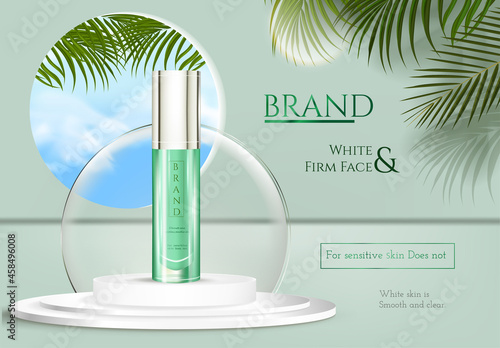 Cosmetic product on pedestal. Realistic banner with 3D podium for skin care. Luxury cream, lotion and beauty spray. Advertising store poster with place for text and logo. Vector brand identity mockup