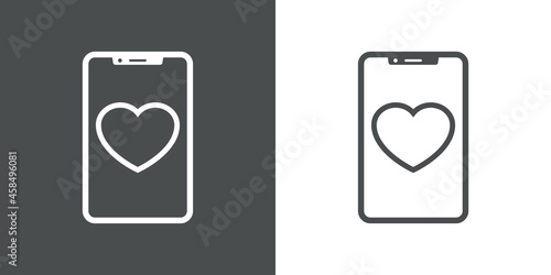Logotipo con smartphone con corazón con lineas en fondo gris y fondo blanco