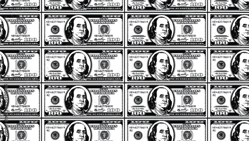 100 dollars bill bank notes seamless pattern background. Vector illustration. Benjamin Franklin. Used for textiles and printing