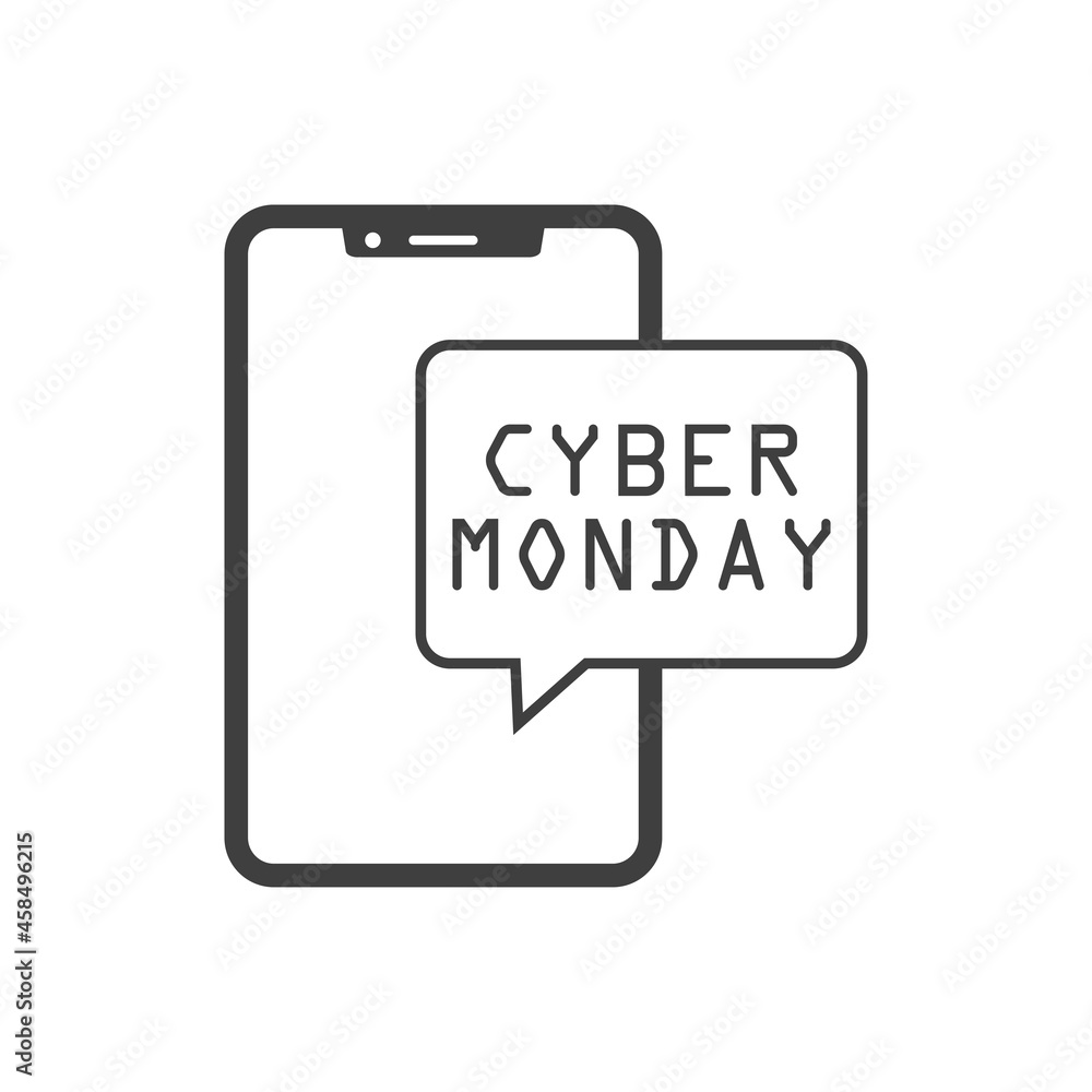 Logotipo con texto Cyber Monday en burbuja de habla en smartphone en color gris Logotipo con texto Cyber Monday en burbuja de habla en smartphone en color gris