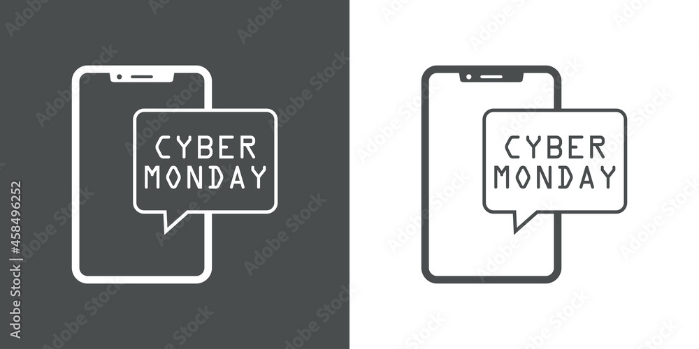 Logotipo con texto Cyber Monday en burbuja de habla en smartphone en fondo gris y fondo blanco