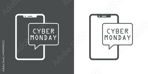 Logotipo con texto Cyber Monday en burbuja de habla en smartphone en fondo gris y fondo blanco