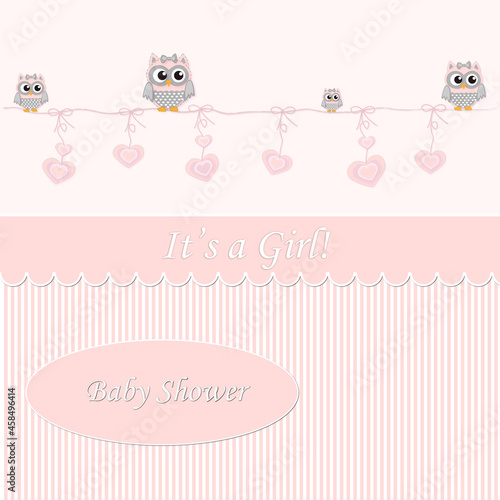 Felicitación nacimiento bebés con búhos y fondo rosa.