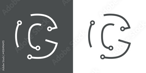 Logotipo letra inicial C con forma de circuito electrónico con lineas en fondo gris y fondo blanco