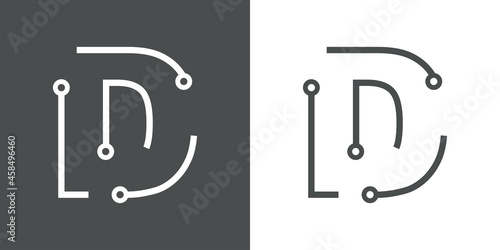 Logotipo letra inicial D con forma de circuito electrónico con lineas en fondo gris y fondo blanco