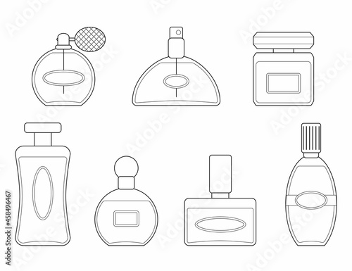 Set of perfume bottles in linear style. Cartoon flat style. Vector illustration