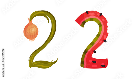 Number 2 Two made of fresh onion and watermelon cartoon vector illustration