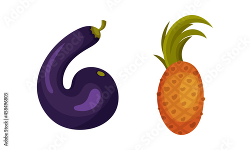 Number 6 Six made of fresh eggplant and pineapple cartoon vector illustration