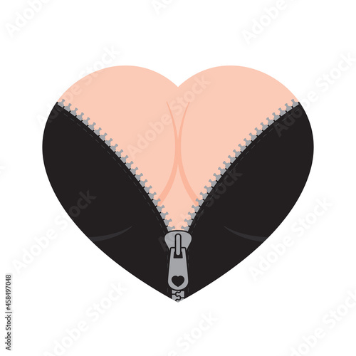 Vector heart inside woman decollete with black bra open zipper.