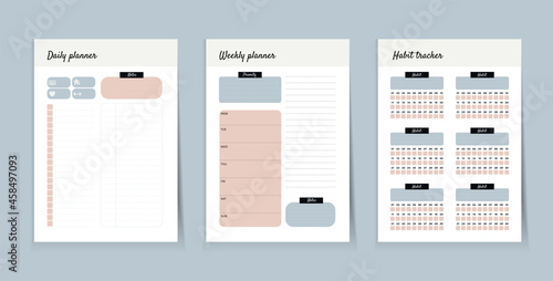 Organizer elements, vector template for calendars and trackers, with habit tracker, weekly and daily planner, goals and tasks