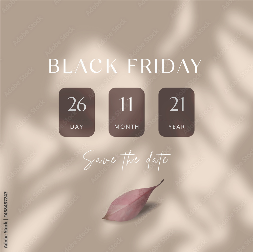 Obraz premium Black friday vector templay, vector illustration for social media posts, black friday add on beige background with realistic shadow overlay effect, with realistic red reaf lying on the surface