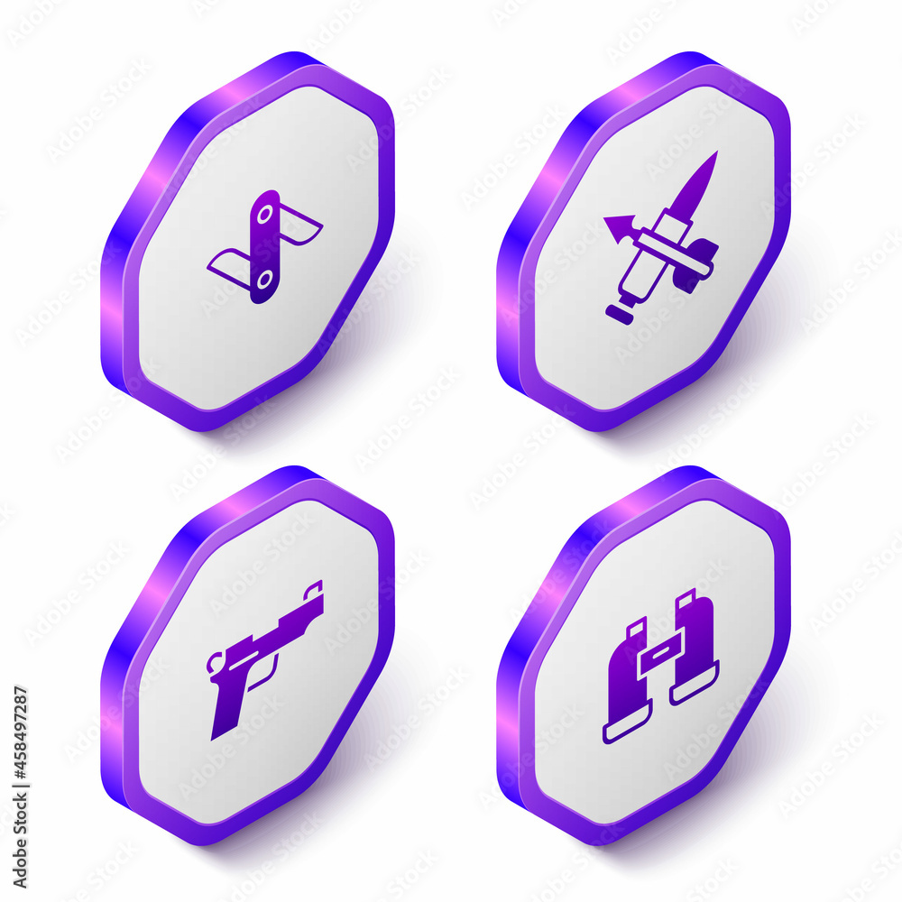 Set Isometric Swiss army knife, Crossed bullet with arrow, Pistol or gun and Binoculars icon. Purple hexagon button. Vector