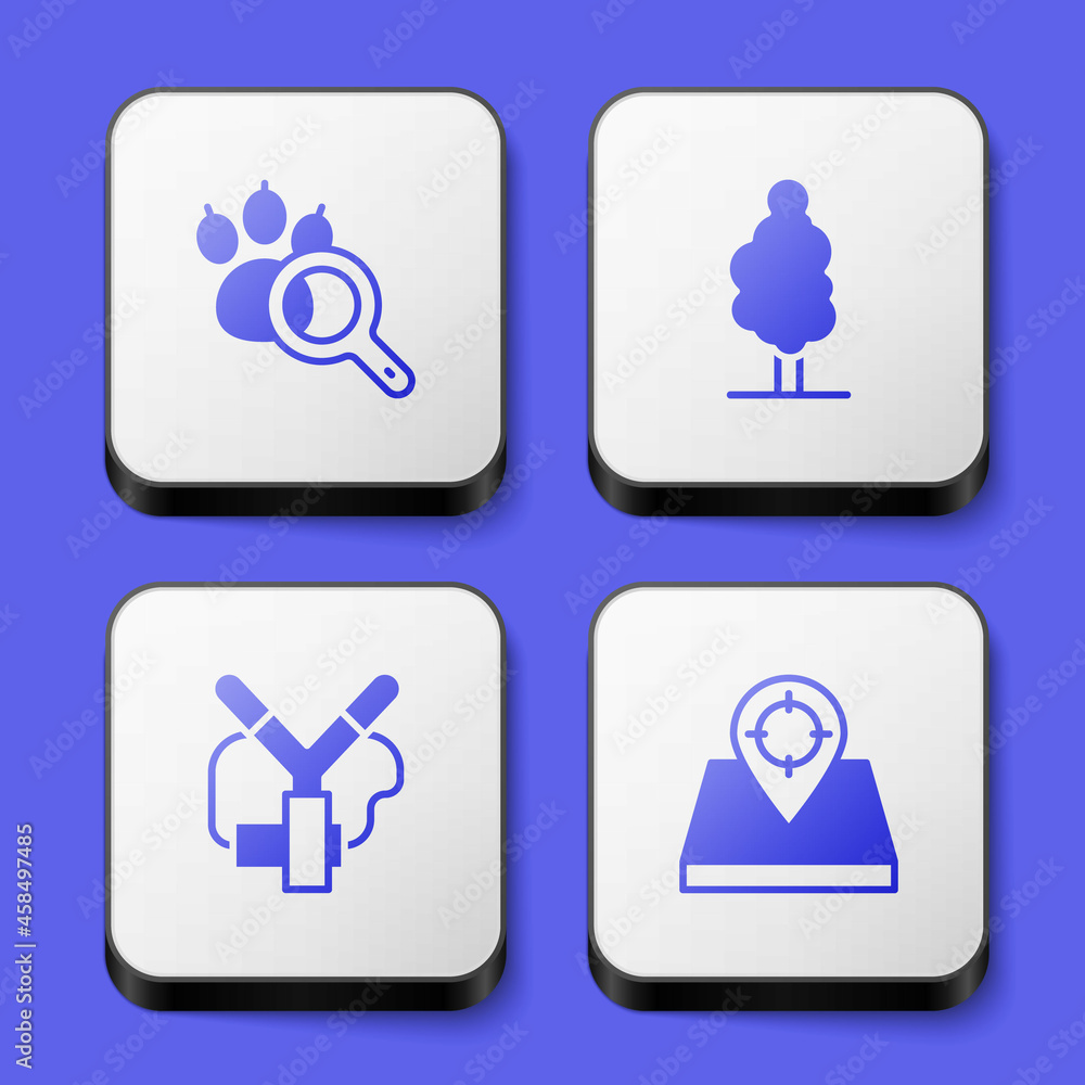 Set Paw search, Tree, Slingshot and Hunt place icon. White square button. Vector