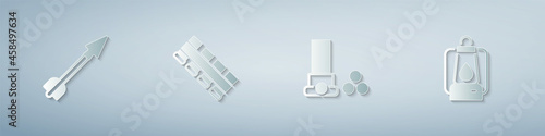 Set Medieval arrow, Hunting cartridge belt, Cartridges and Camping lantern. Paper art style. Vector