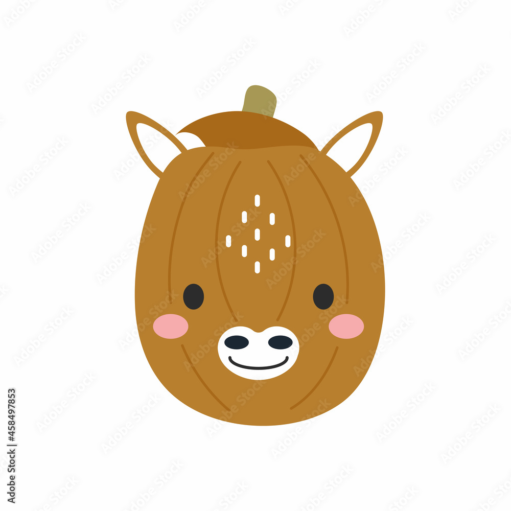 Happy Halloween cute cartoon pumpkin with donkey face. Halloween party decor for children. Childish print for cards, stickers, invitation, nursery decoration. Vector illustration. Happy Halloween cute cartoon pumpkin with donkey face. Halloween party decor for children. Childish print for cards, stickers, invitation, nursery decoration. Vector illustration.