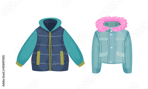 Fashionable women outerwear set. Warm down jackets. Stylish clothes winter, spring or autumn season vector illustration