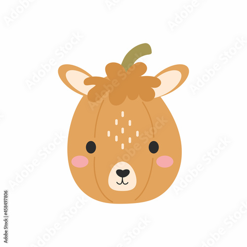 Happy Halloween cute cartoon pumpkin with alpaca face. Halloween party decor for children. Childish print for cards, stickers, invitation, nursery decoration. Vector illustration.