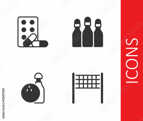 Set Volleyball net, Sports doping with dumbbell, Bowling and and icon. Vector
