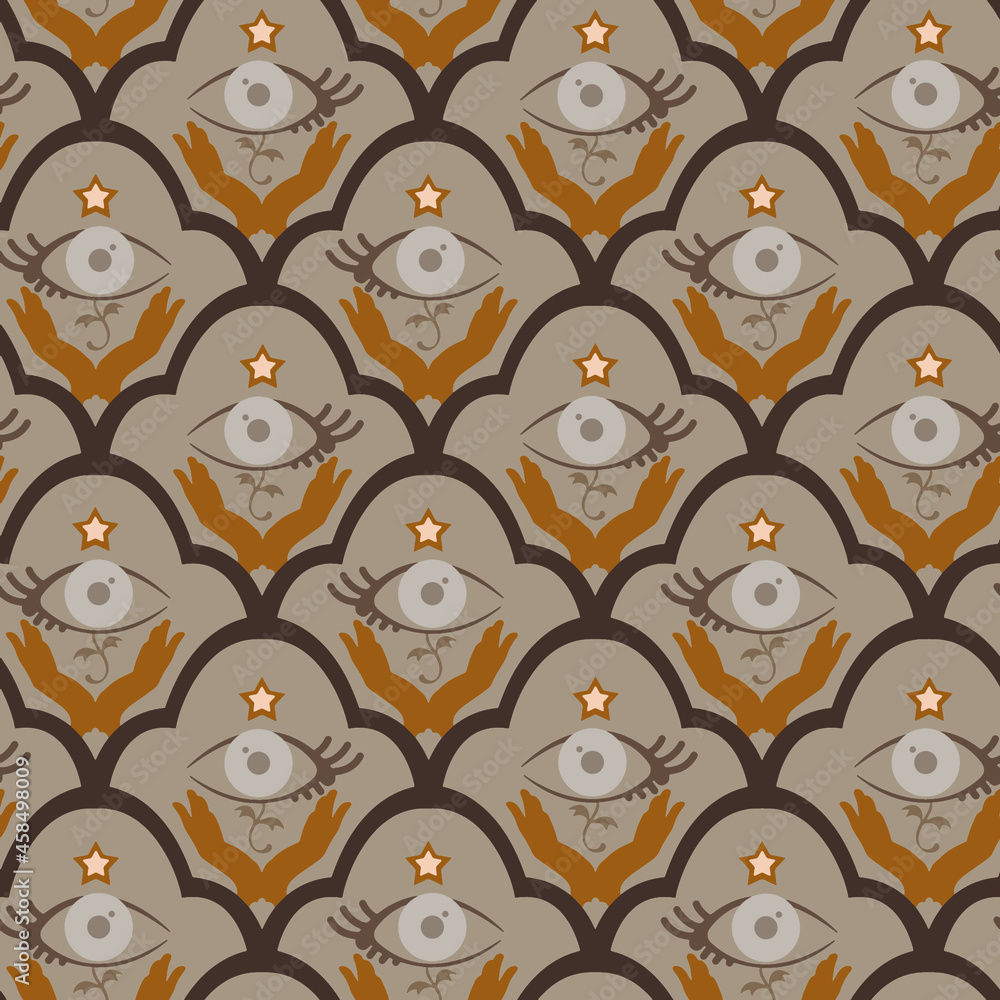 Fototapeta premium Abstract Colorful Hand Drawing Moroccan Argyle Shapes with Horus Eyes Praying Hands and Stars Seamless Vector Pattern Isolated Background