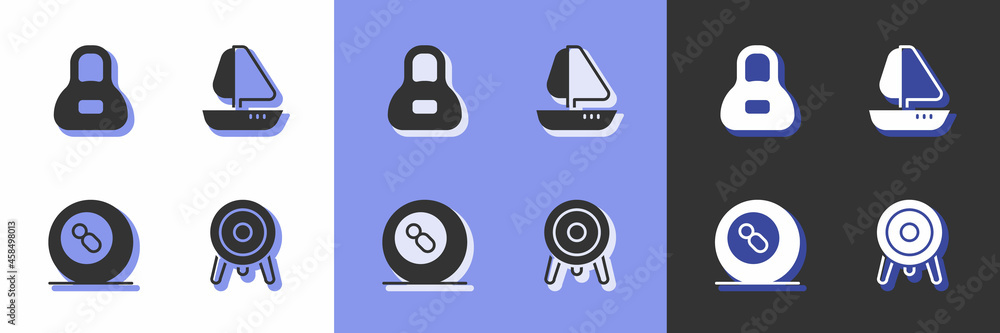 Set Target sport, Weight, Billiard pool snooker ball and Yacht sailboat icon. Vector Set Target sport, Weight, Billiard pool snooker ball and Yacht sailboat icon. Vector