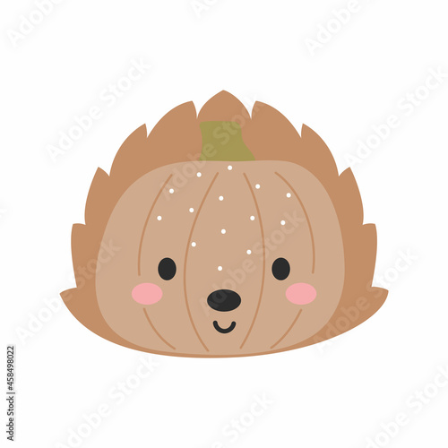 Happy Halloween cute cartoon pumpkin with hedgehog face. Halloween party decor for children. Childish print for cards, stickers, invitation, nursery decoration. Vector illustration.